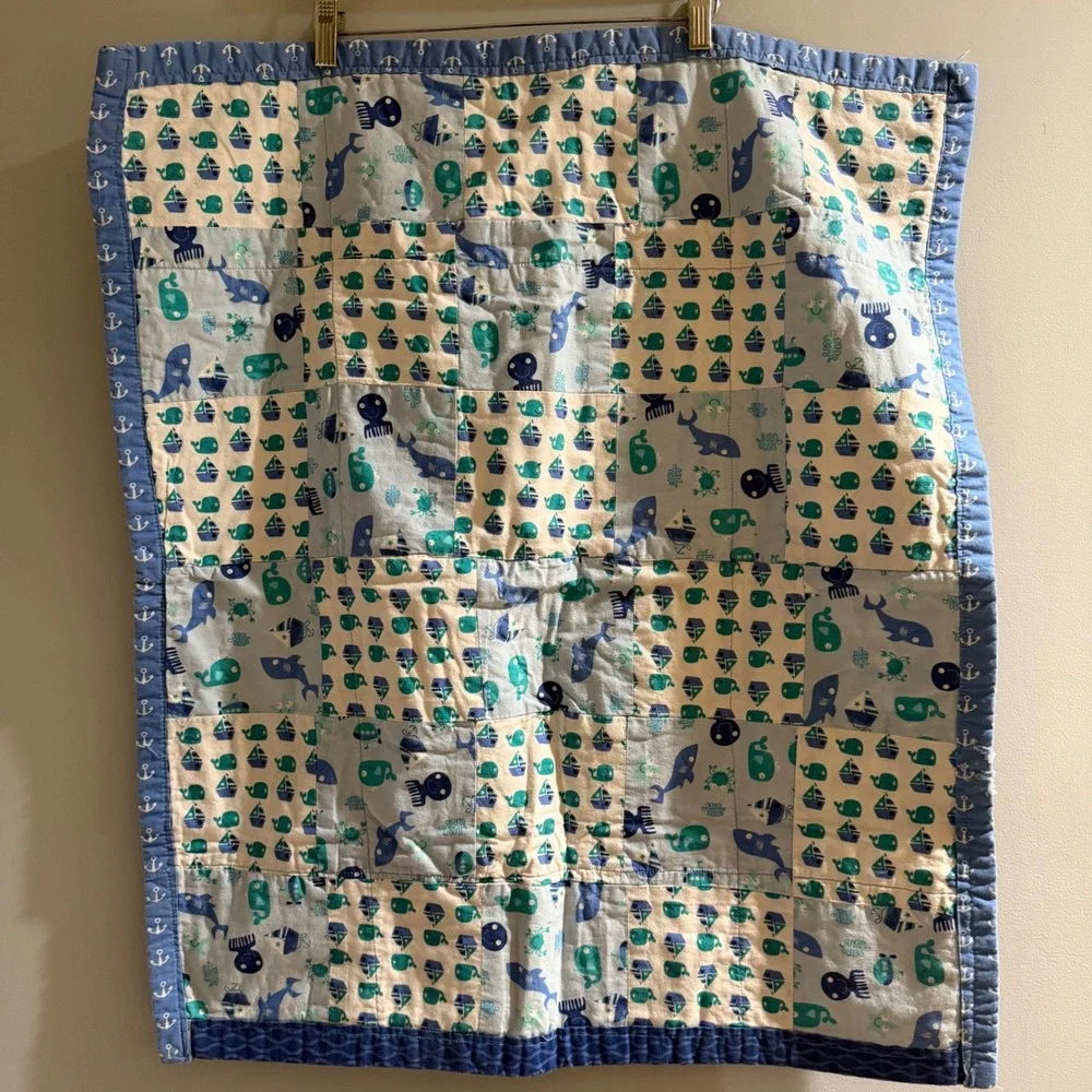 Handmade Nautical Baby Quilt Blue Teal Whale Shark Sailboat Reversible Unisex